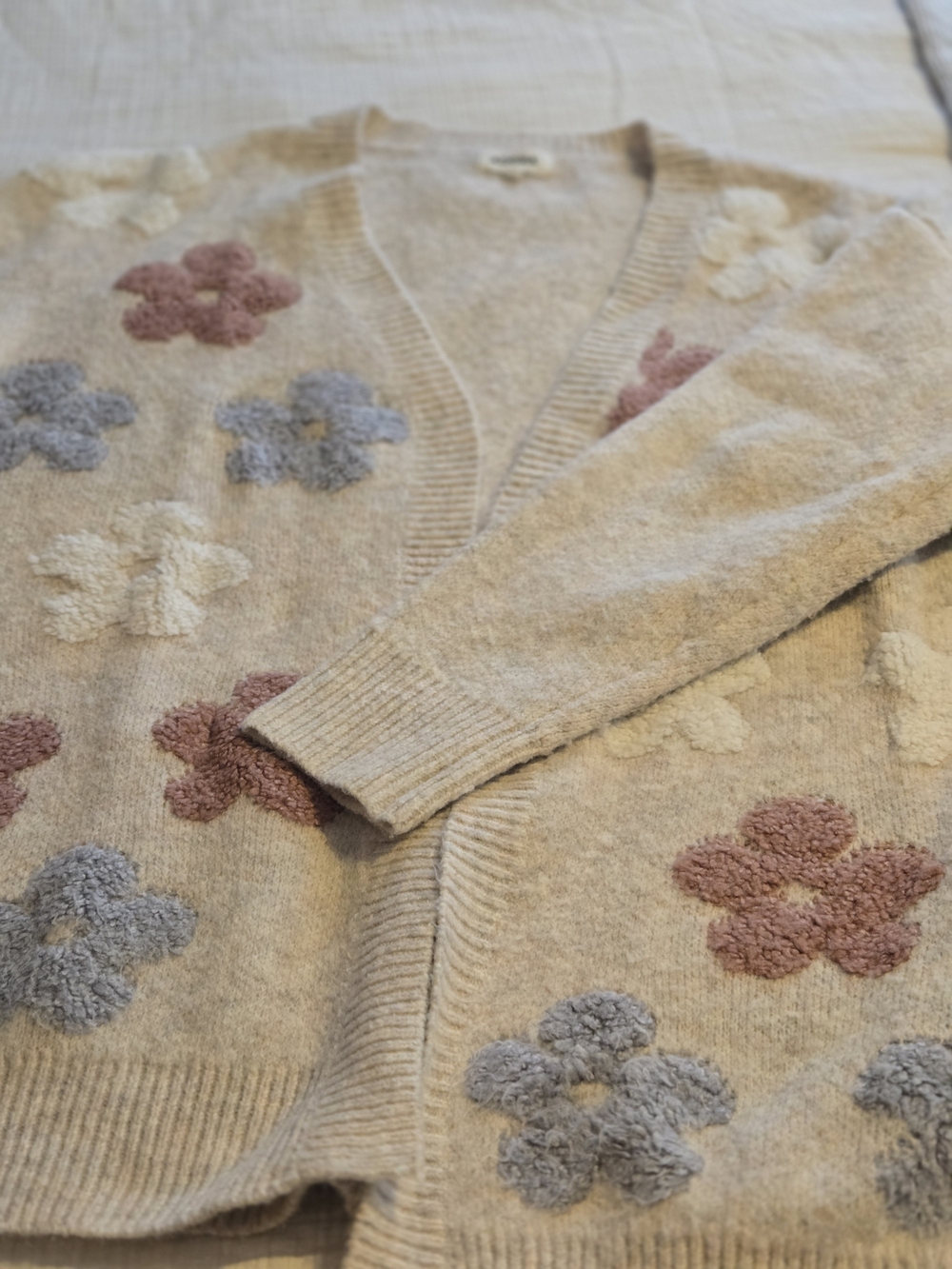 0ADORA Cream Cardigan with Pink and Blue Floral Knit Flowers ADORA